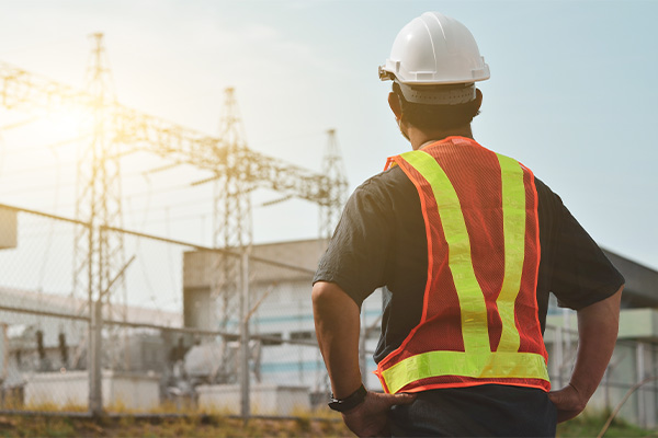 Electrical Worker Reviewing Power Station